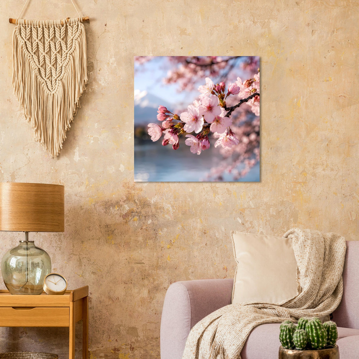 Quadratisches Poster mit rosa Kirschblüten, Detailansicht eines Blütenzweigs