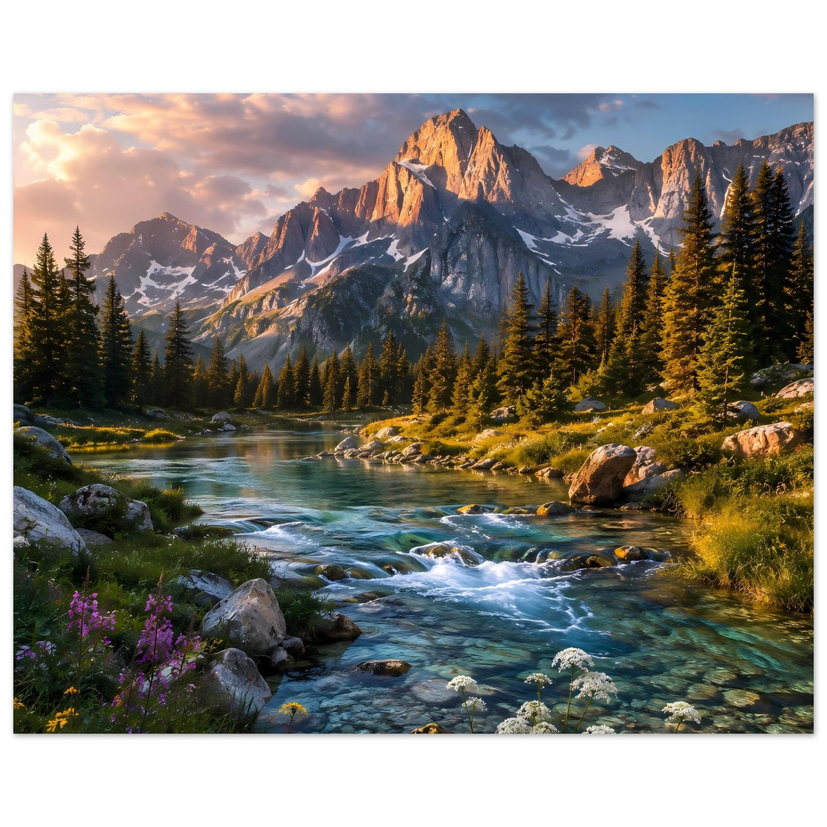Horizontales Poster: Bach durch die Landschaft mit Steinen, Nadelbäumen und hohen Bergen