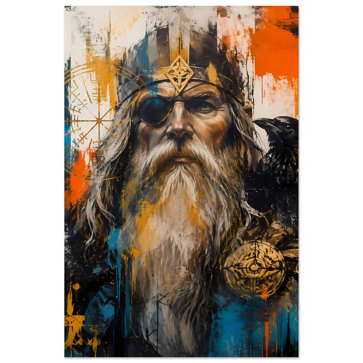 Poster mit Wikingerportrait, Augenklappe, Rabe rechts und Runenkreis links
