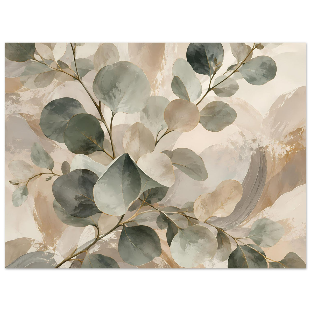 Botanisches Poster mit Aquarellblättern am Zweig, Salbeigrün und Beige, Querformat
