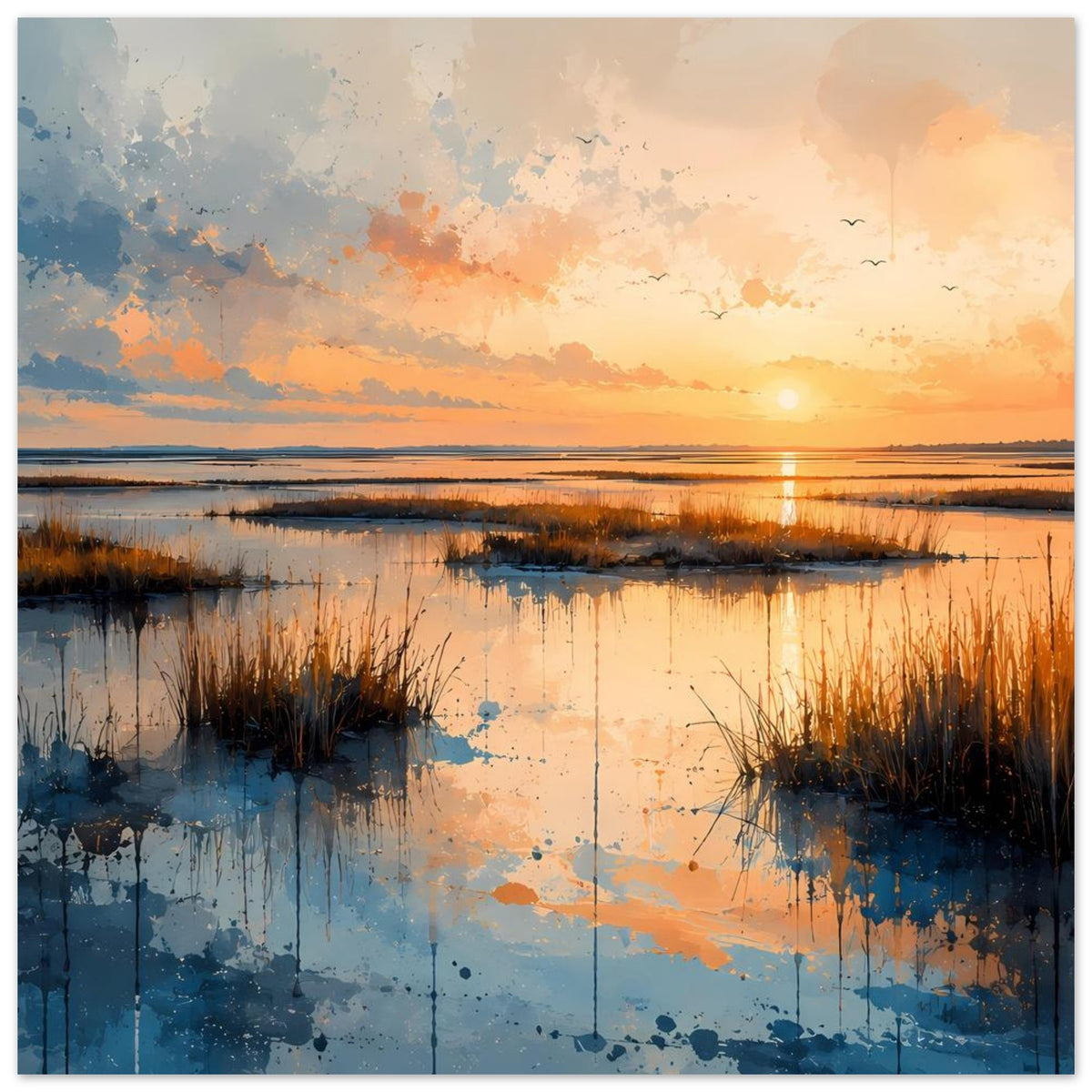 Poster mit Sonnenuntergang, ruhiger Wasserfläche, Schilf und Wolken am Himmel