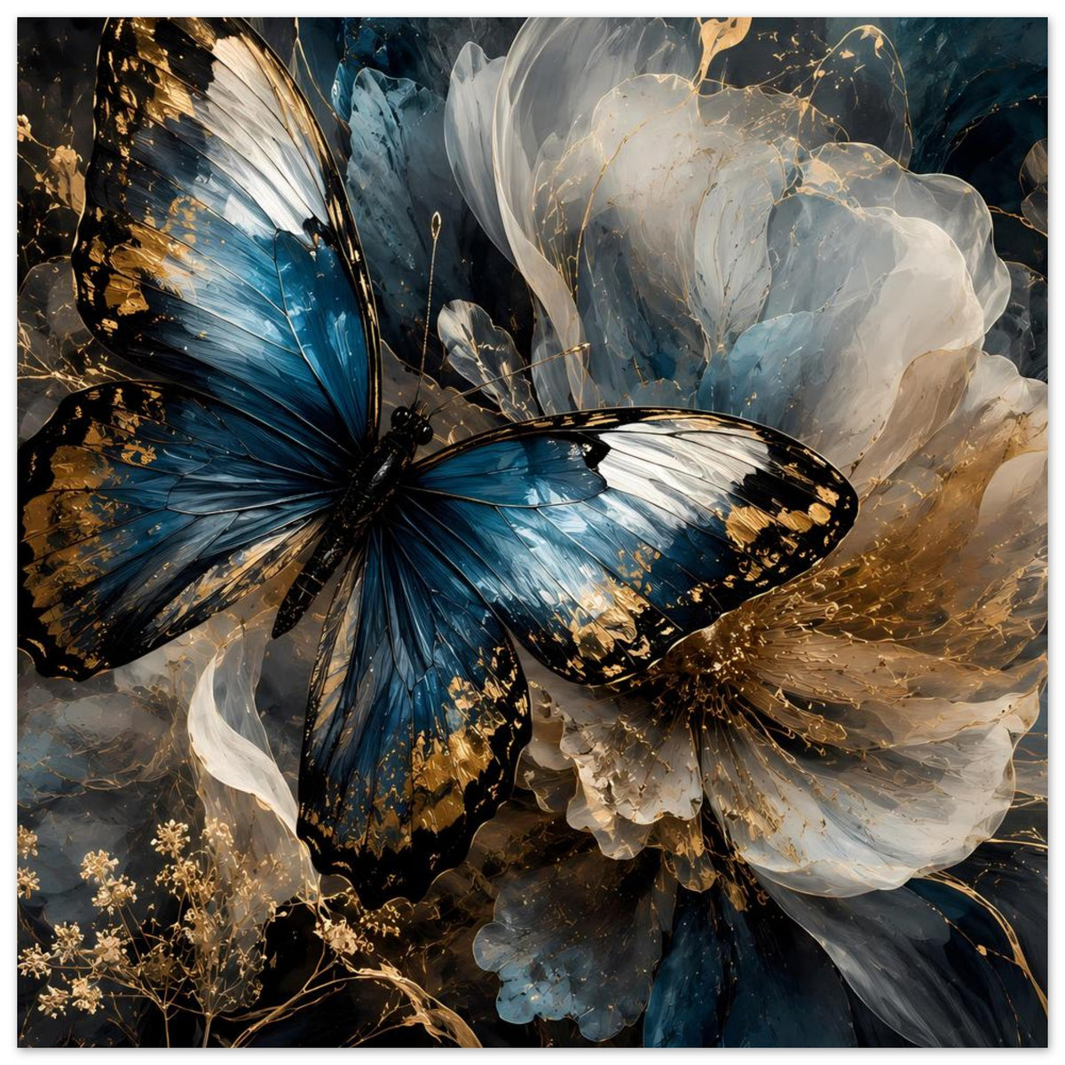Luxuriöses Premium-Poster mit Schmetterling in Blau und Weiß, goldene Farbsprenkel