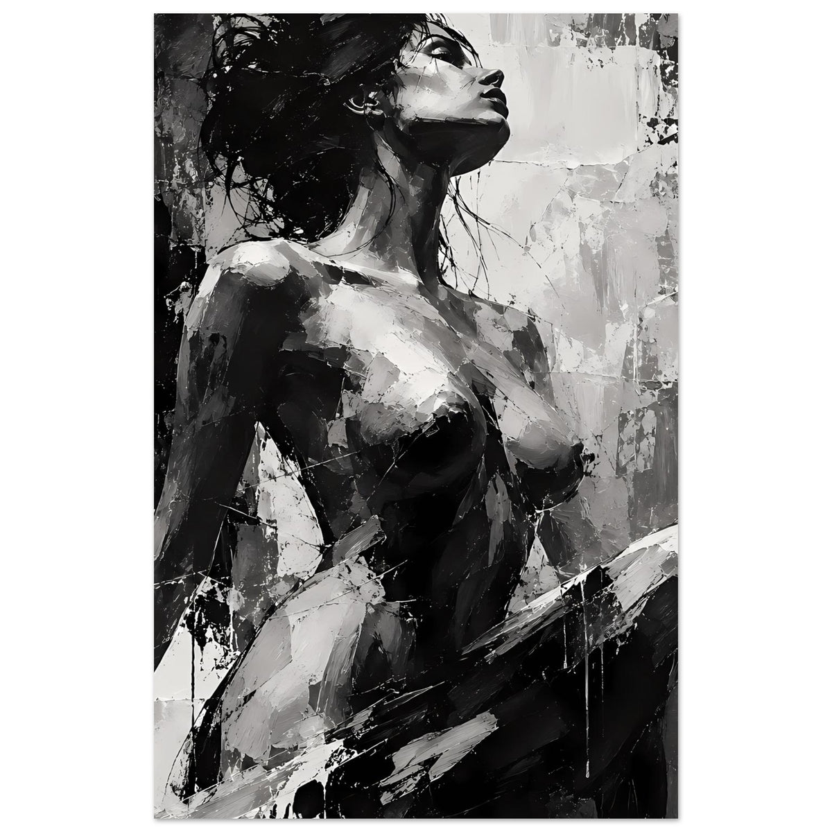 Kunstdruck Frauenakt-Porträt in Schwarzweiß, schlankes Hochformat mit Blick nach oben