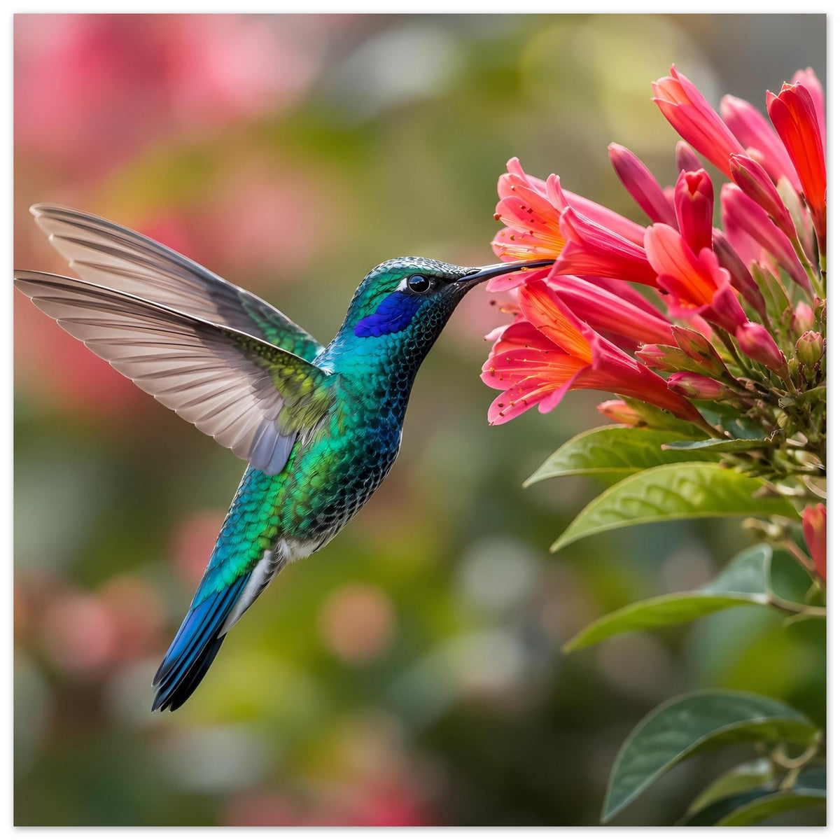 Naturposter im Hochformat: Kolibri mit ausgebreiteten Flügeln an rosa Blüten