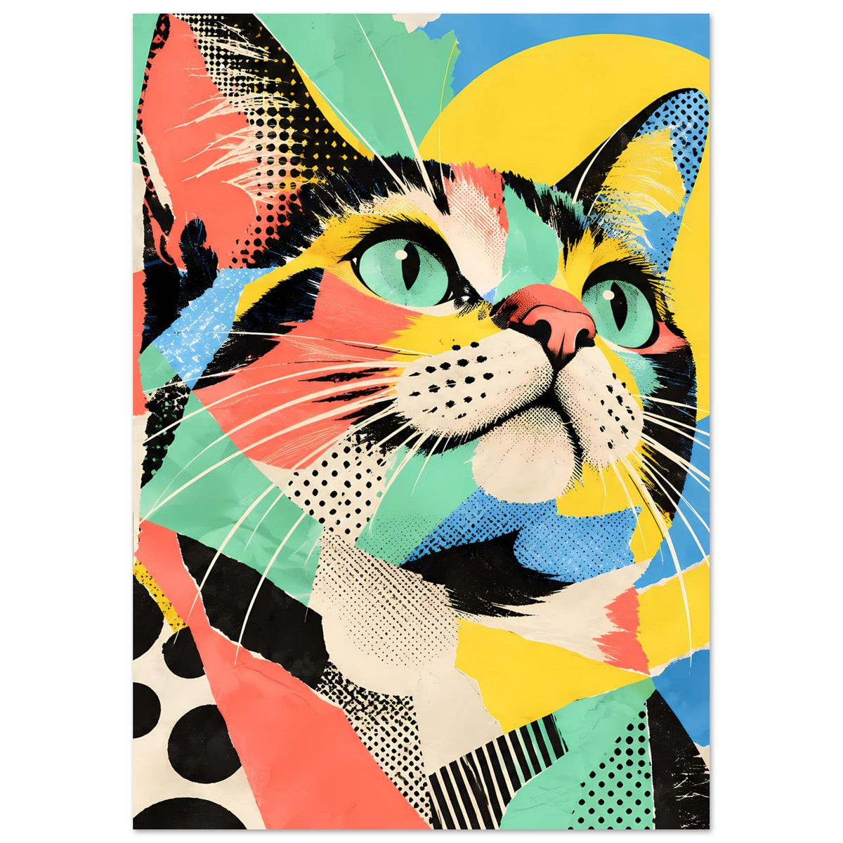 Pop-Art-Katzenposter, frontales Katzenporträt mit bunten Formen und gestrichelten Details