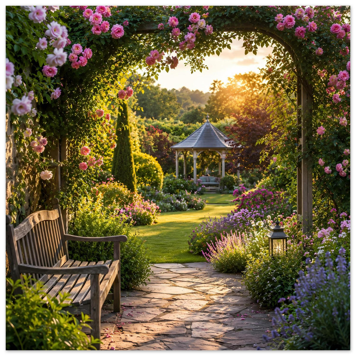 Naturposter: Blumenbogen mit Holzbank, Gartenweg, Laterne und Pavillon im warmen Licht