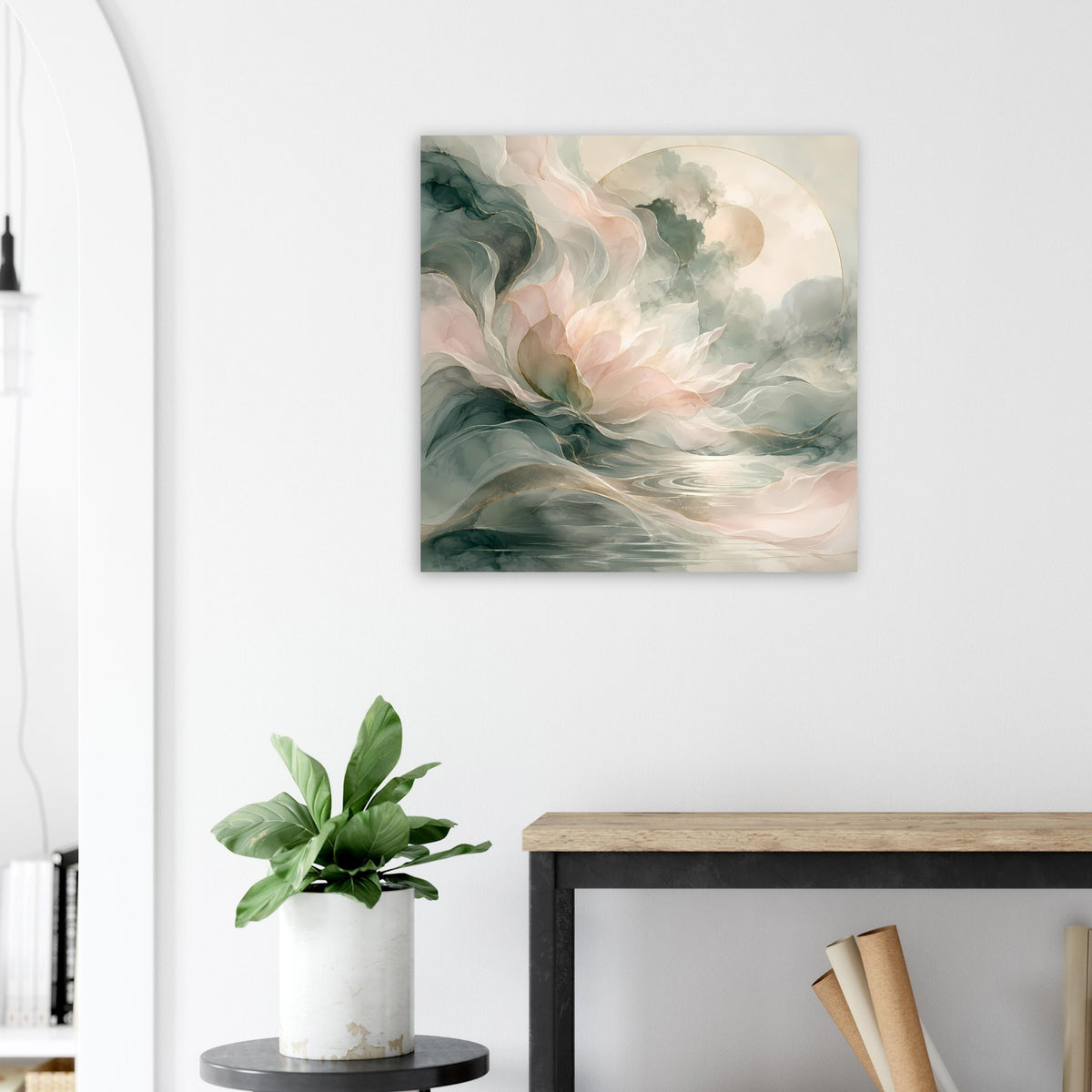 Wandposter mit sanften Farbverläufen: Grün, Rosa und Creme in einem abstrakten Blumenwellen-Design