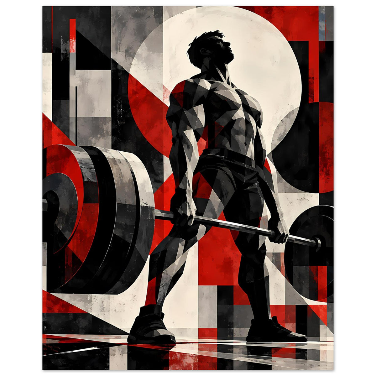 Fitnessposter, mittige Person mit Hantelstange; schwarz-rotes Design mit Linien und Kreisen