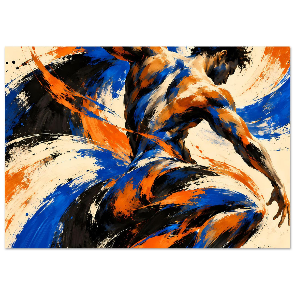 Kunstposter mit abstrakter Aktfigur, blauen, orangefarbenen und schwarzen Pinselstrichen