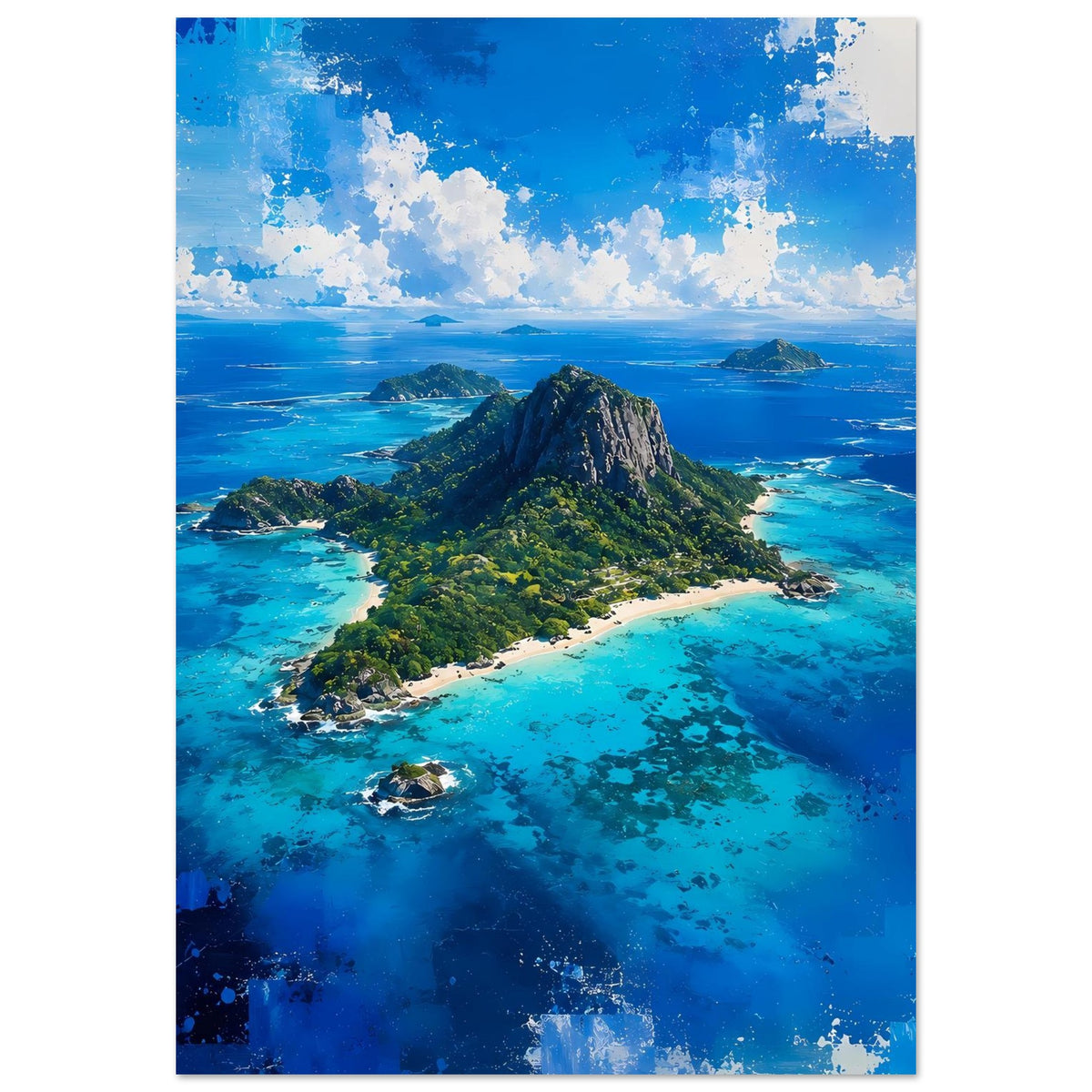Poster hochformatig: tropische Insel mit Felsberg über türkisblauem Meer.
