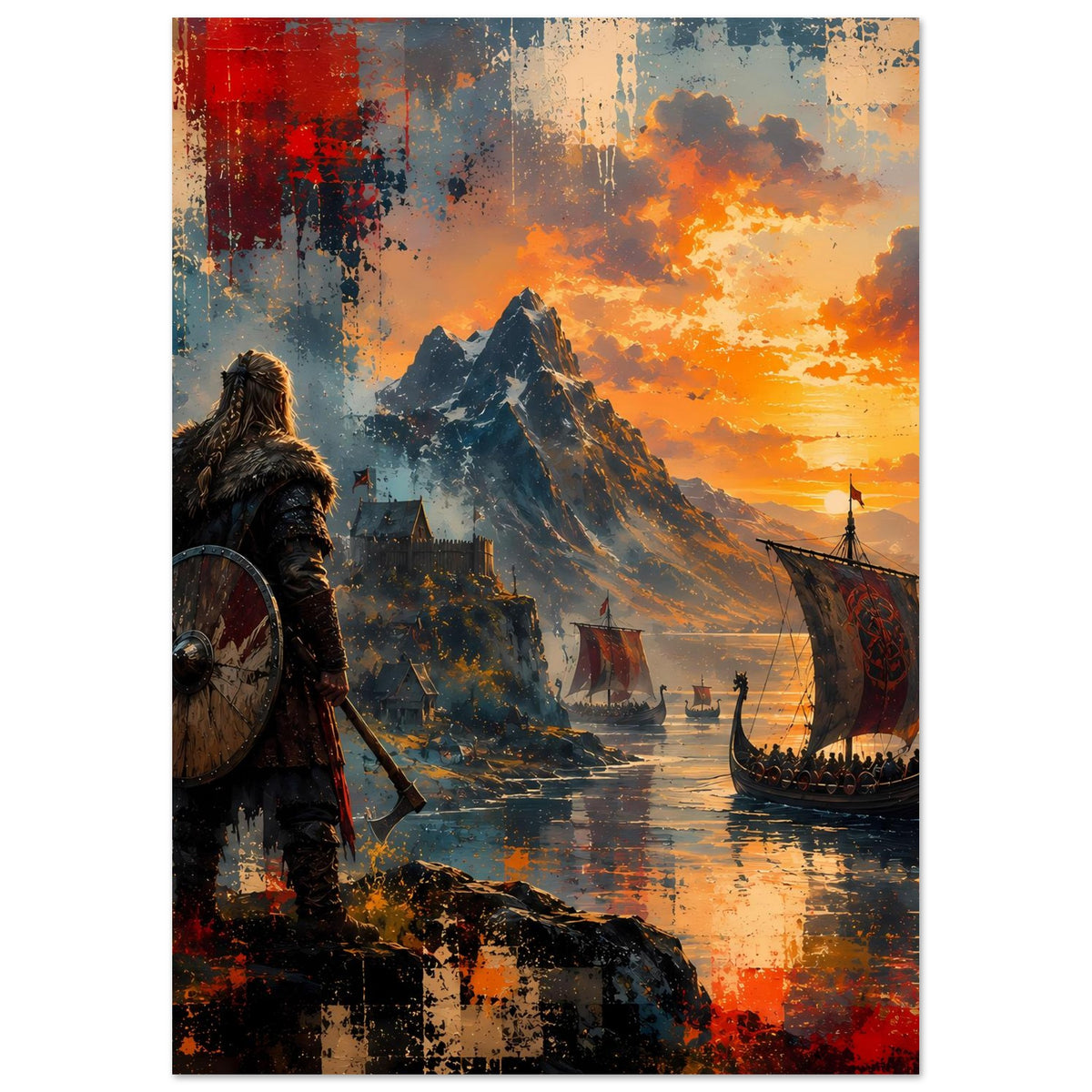 Viking-Saga Poster: Wikingerkrieger mit Schild, Hafen und Berge unter orangefarbenem Himmel