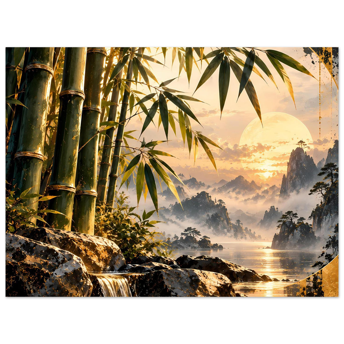 Zen-Bambus-Sonnenuntergangs-Poster mit Bambus, Wasserfall über Felsen und rundem Sonnenmotiv