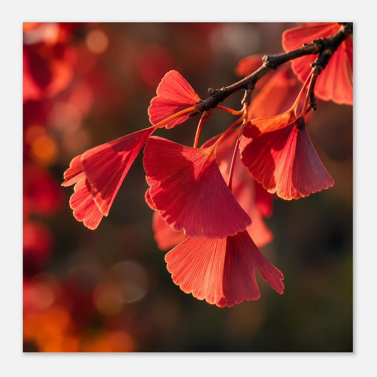 Poster mit roten Ginkgo-Blättern am Zweig, ausgewogenes Motiv
