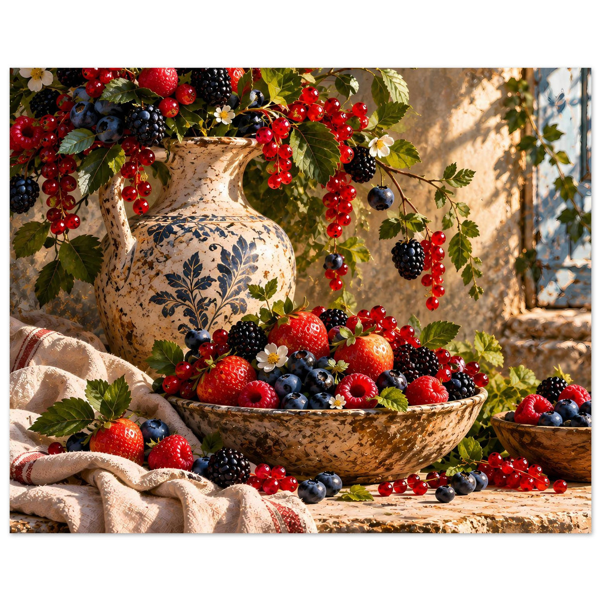 Beeren-Stillleben-Poster: Keramikvase, gefüllte Schüssel mit bunten Beeren und dekorativen Blättern