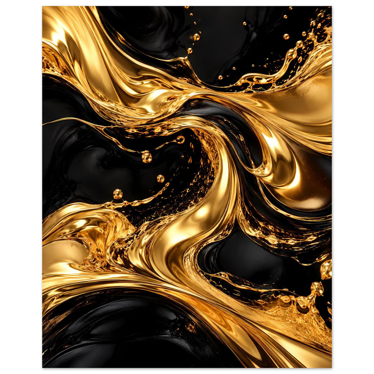 Vertikales Luxusposter: goldene Schaum- und Farbwirbel auf tiefschwarzem Grund, glänzende Tropfenlinien.