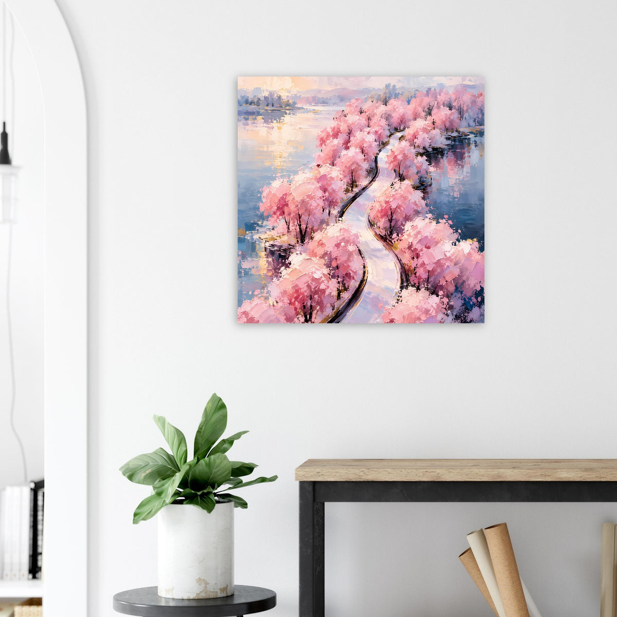 Quadratisches Poster mit rosa Blütenkrone, Wasseroptik und dunkel geschwungenem Pfad