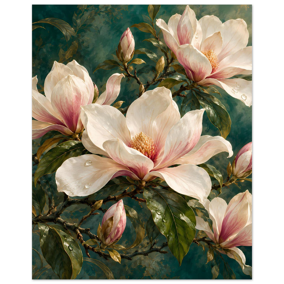 Floralposter mit großen Magnolienblüten in Creme und Rosa, Zweige mit Knospen, gerahmt