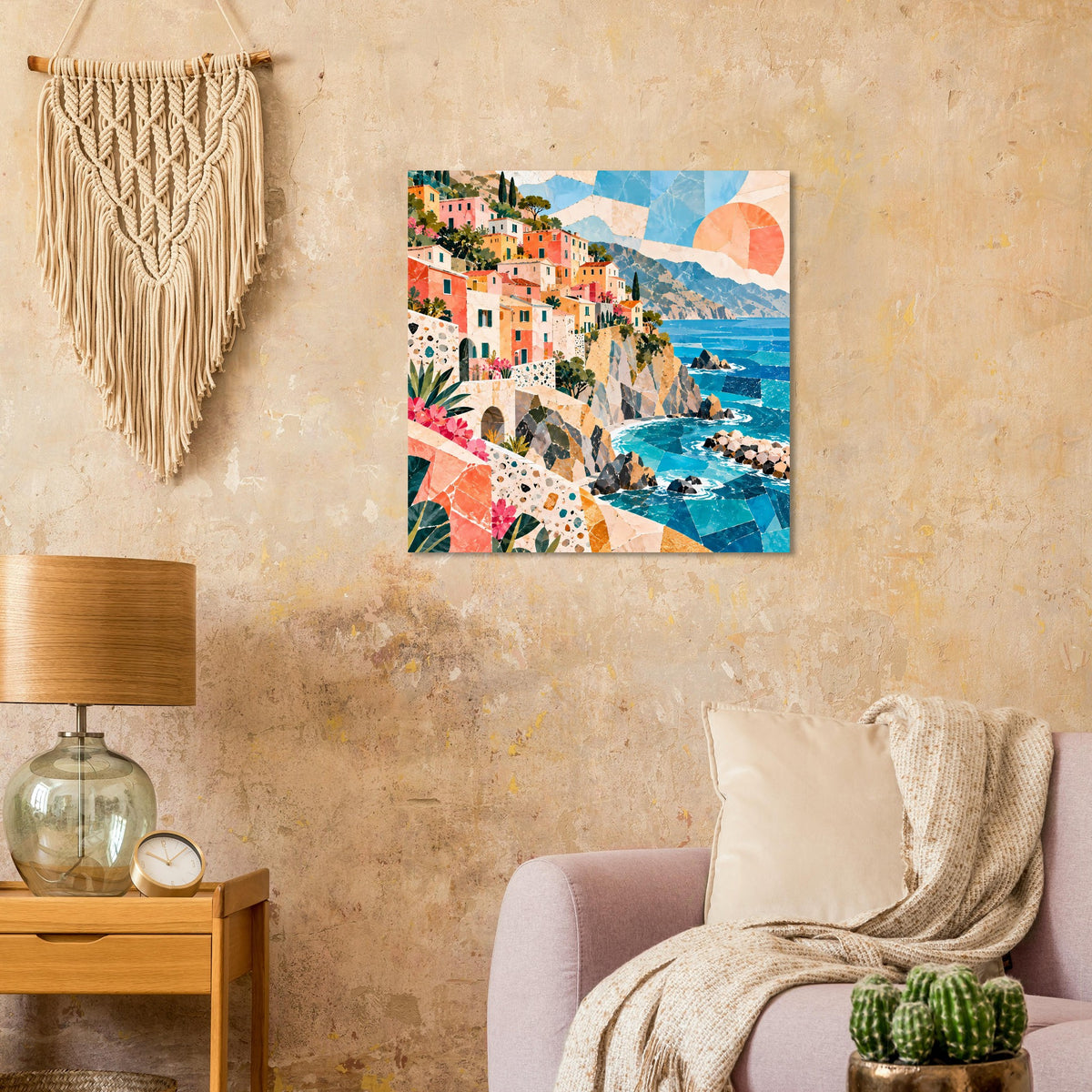 Poster mit Küstendorf: bunte Häuser am Meer, Felsenküste und Sonne