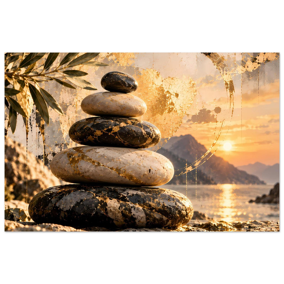 Zen-Poster mit Stein-Stapel, goldener Sonnenuntergangsstimmung und Mandala-Kreis
