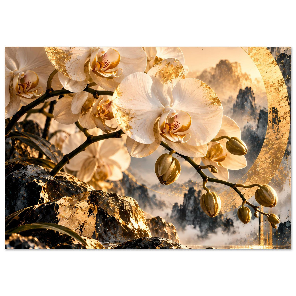 Orchideenposter im Querformat: weiße Blüten, goldener Kreis, schwarzer Ast und Felsen