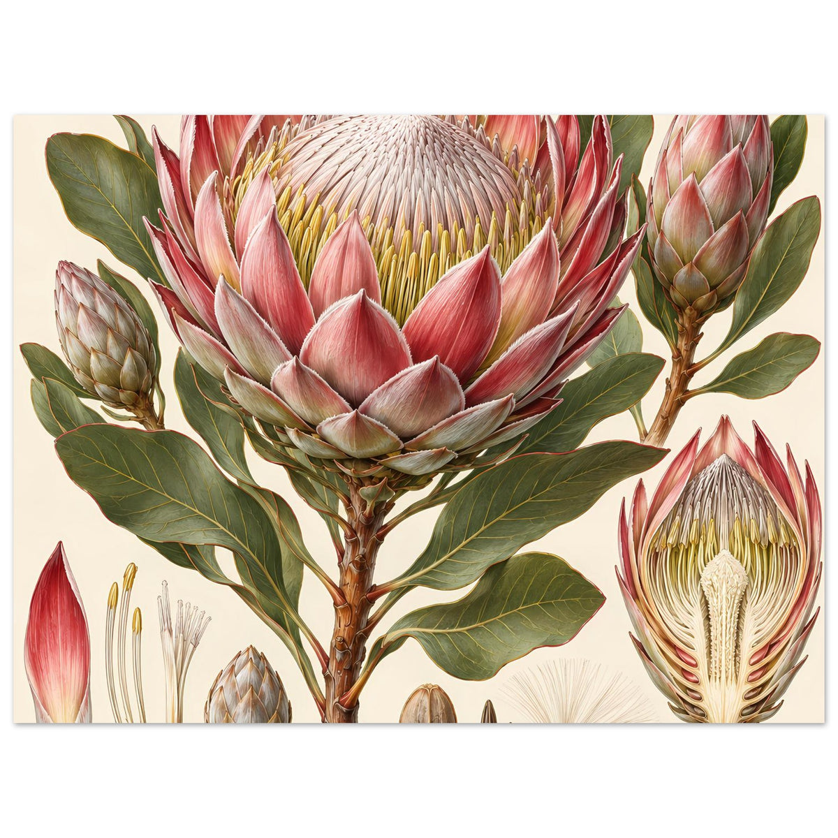 Ausschnitt Protea-Blumenposter: große rosa Blütenkrone mit grünen Blättern und Knospen