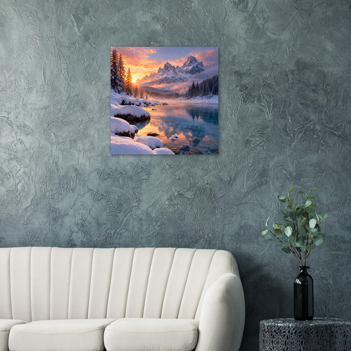 Winterlandschafts-Poster mit verschneiten Bergen, Sonnenaufgang und See im Abendlicht