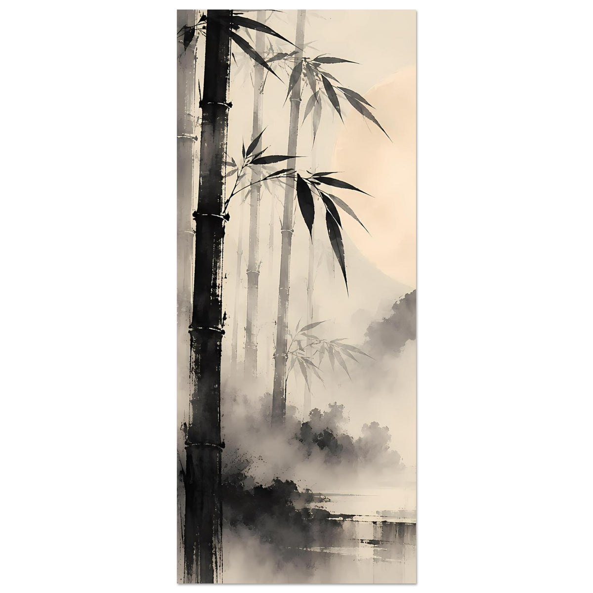 Vertikales Poster mit Bambuswald-Motiv in Schwarzweiß, Nebel und Ufer im Dunst
