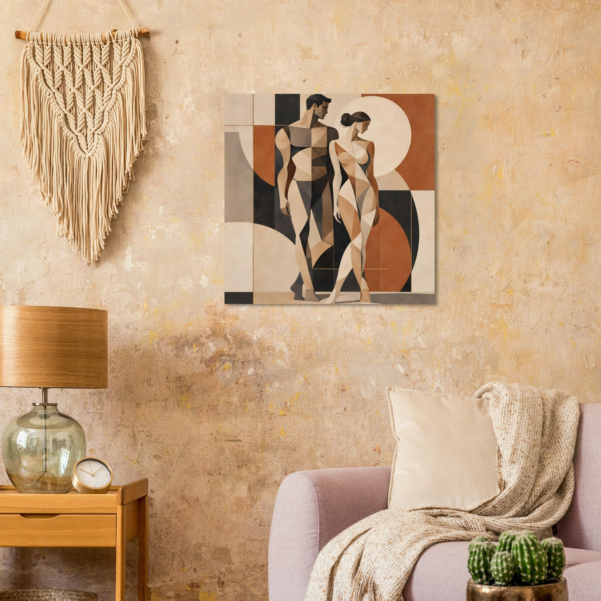 Gerahmter Kunstdruck: geometrisches Figurenpaar mit Akzenten in Beige, Braun und Schwarz