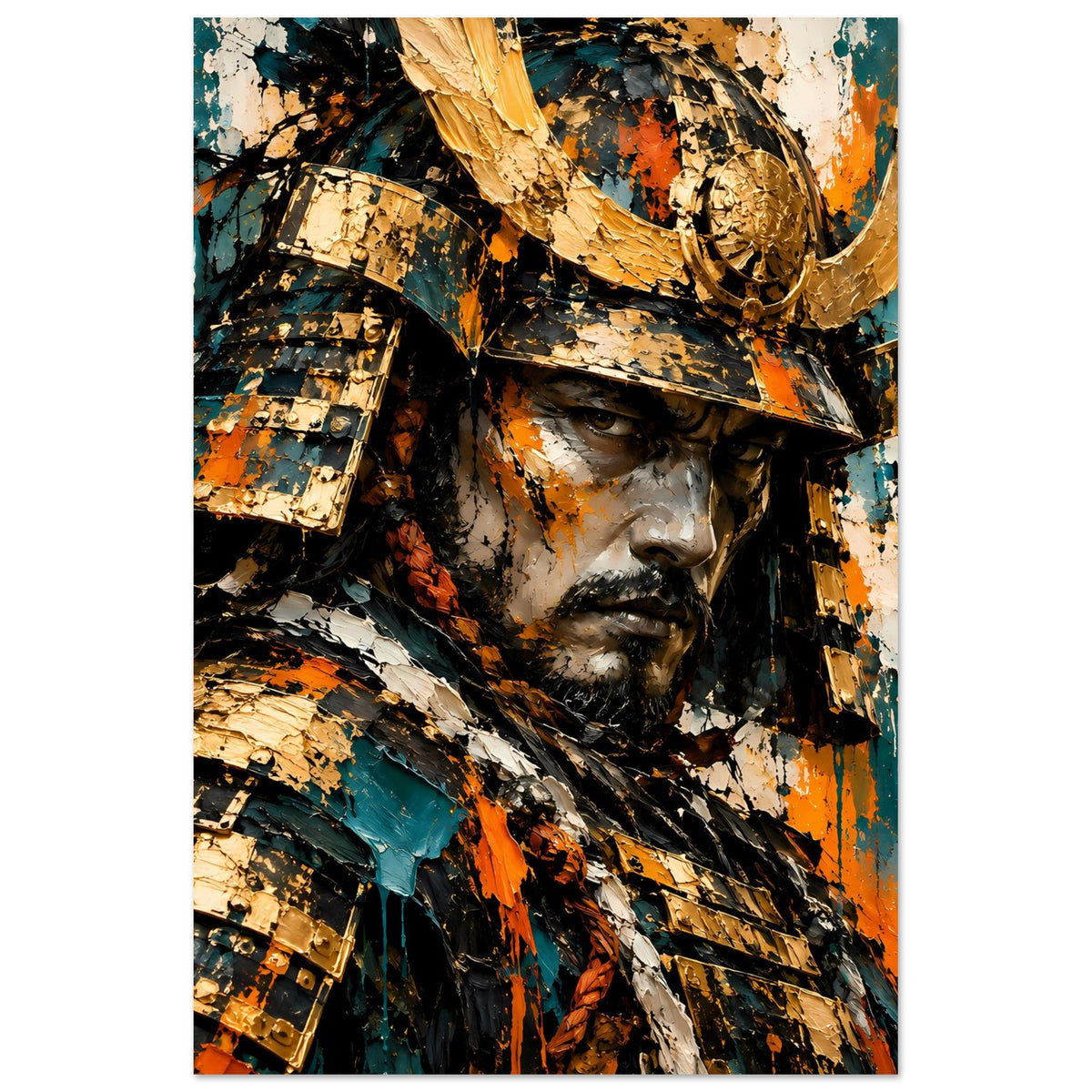 Vertikales Poster mit Samurai-Krieger, goldenem Helm und Spritzgrafik in Blau/Orange.
