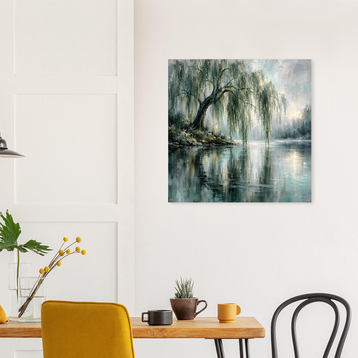 Poster an der Wand: Weidenbaum-Spiegelung im Wasser, türkis und blau, quadratisch