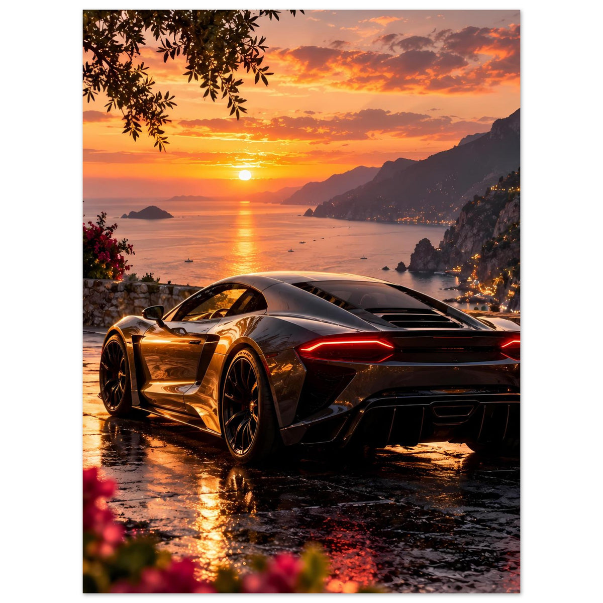 Poster mit silbernem Sportwagen im Detail, roten Rücklichtern und Sonnenuntergang am Wasser