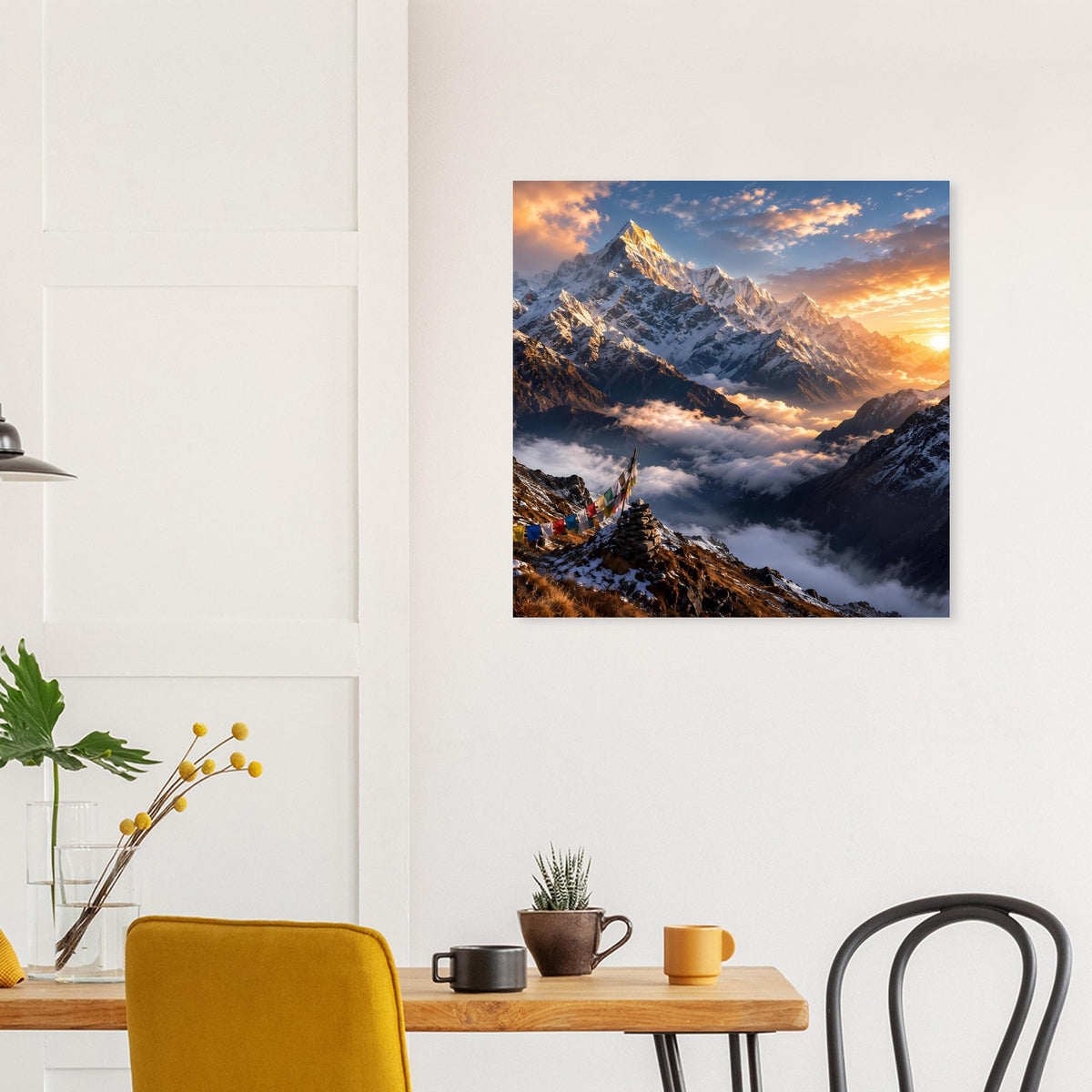 Gerahmtes Wandposter mit Bergkette, Nebel im Tal und Sonnenaufgang