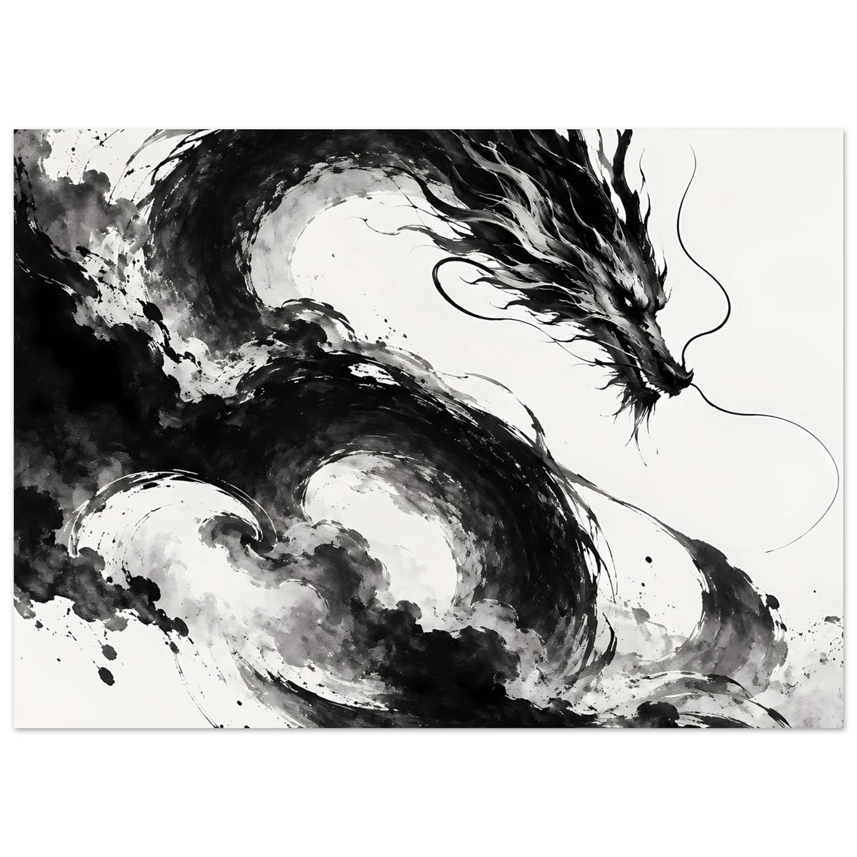 Poster mit schwarz-weißer Drachenillustration, voller Körper im dynamischen Farbauftrag