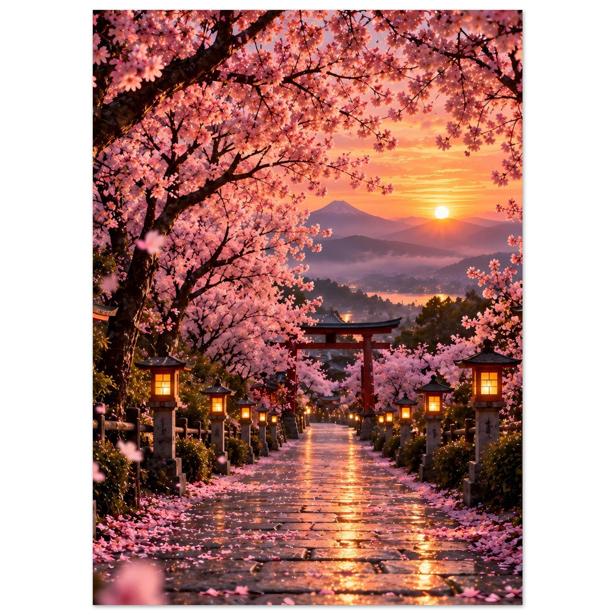 Sakura-Poster im Hochformat: Kirschblütenweg zum Torii-Tor bei Abendsonne