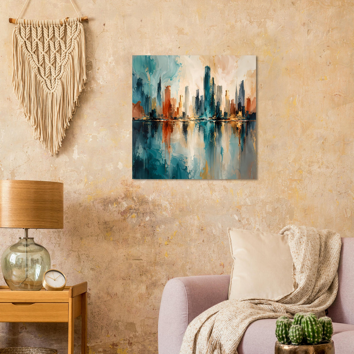 Abstraktes Skyline-Poster mit Spiegelung, Blau, Gold und Rosttönen