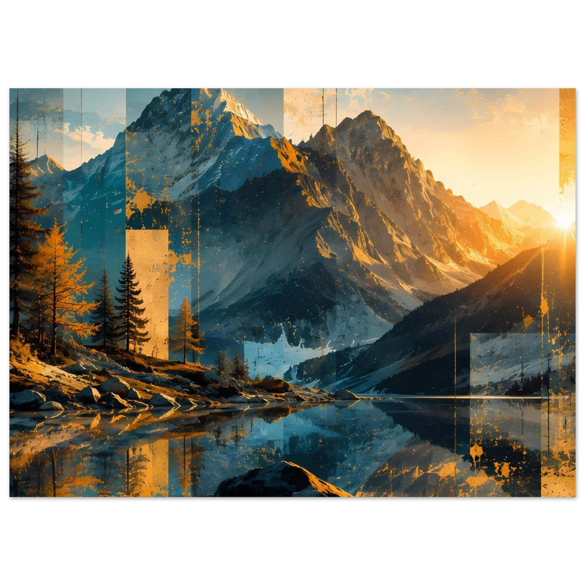 Poster im Querformat mit Bergen, Tannenwald und reflektierender Seelandschaft im Licht