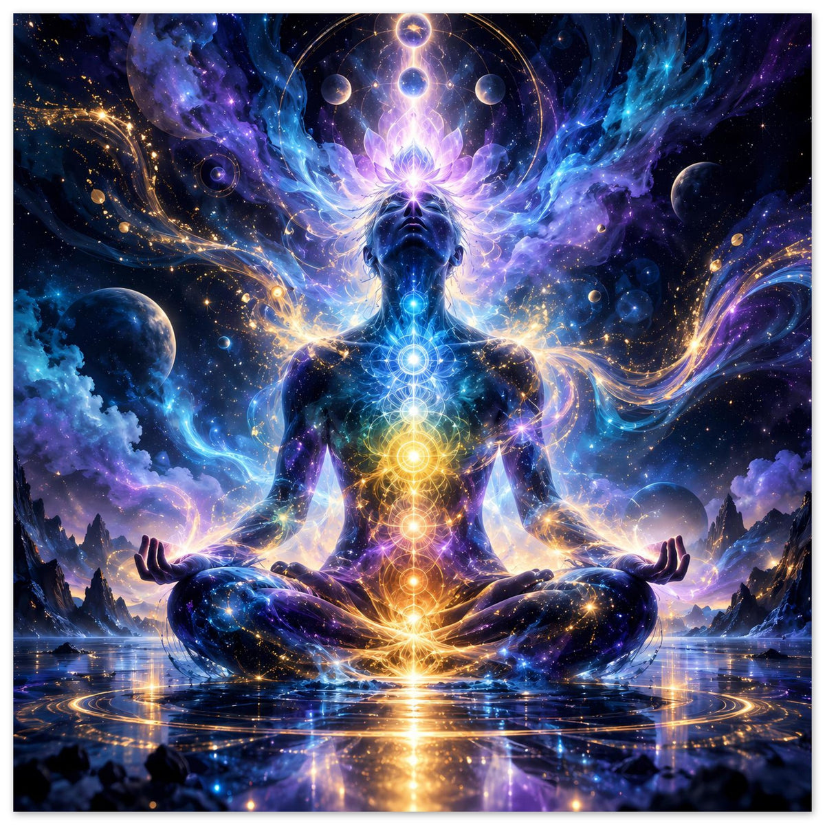Quadratisches Poster mit meditierender Chakra-Figur im Sternenraum, farbige Lichtzentren