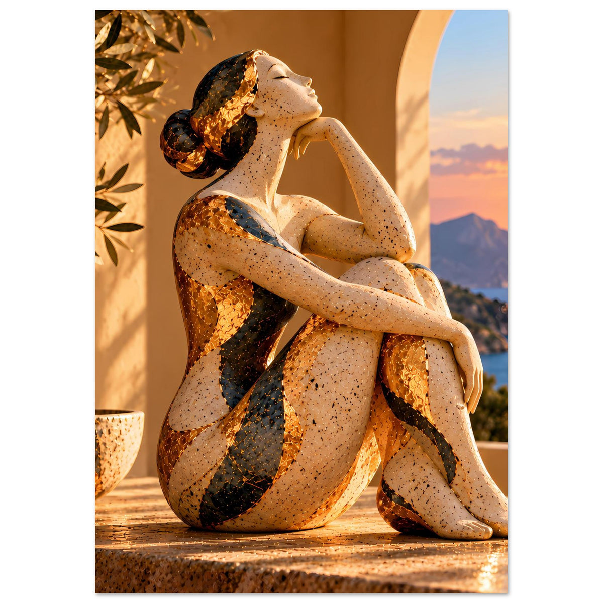 Poster mit sitzender Bronzefigur und warmem Himmel, dekoratives Punktmuster und dunkle Akzentflächen