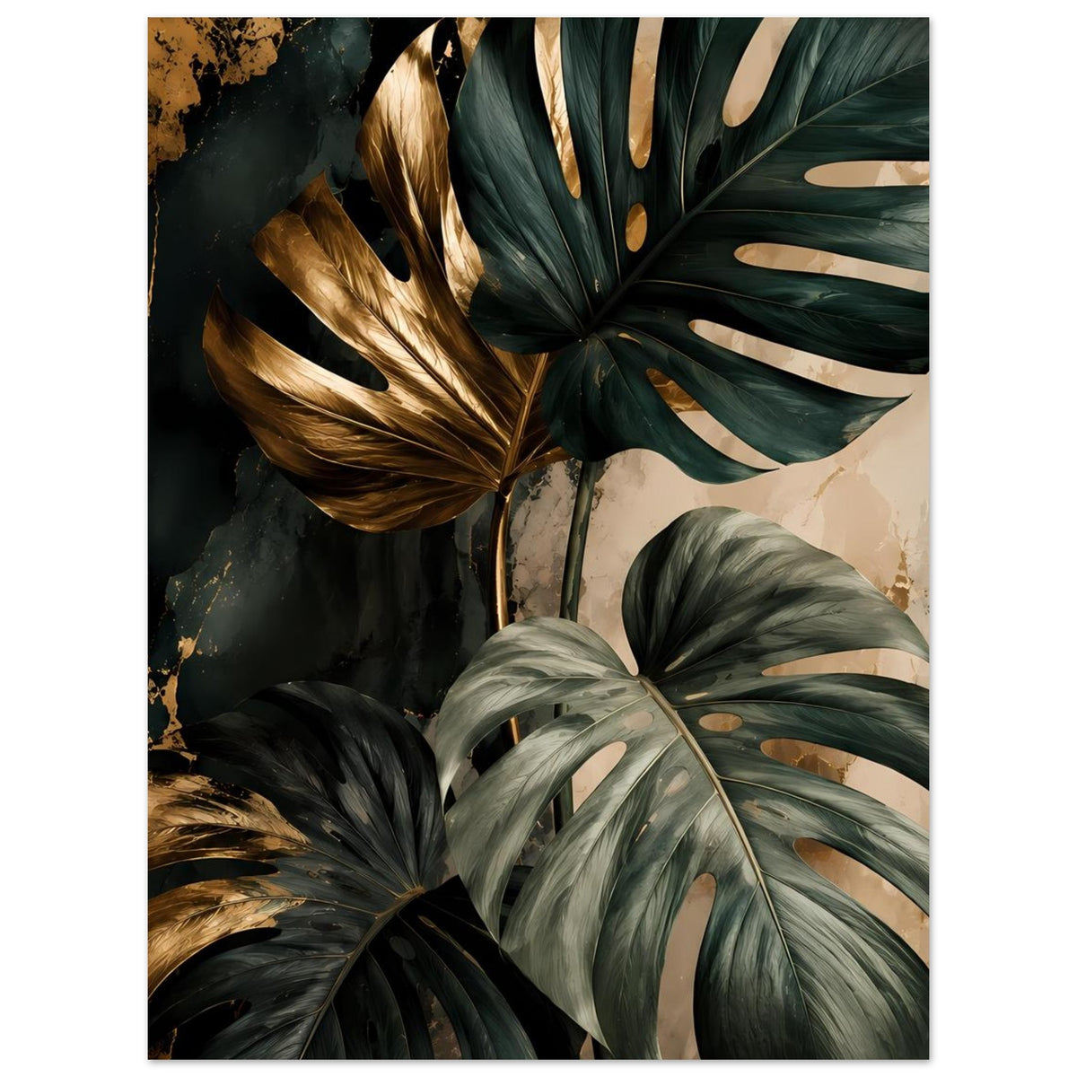 Monstera-Blätter-Poster mit dunkelgrünen Blättern und goldfarbenen Blattakzenten