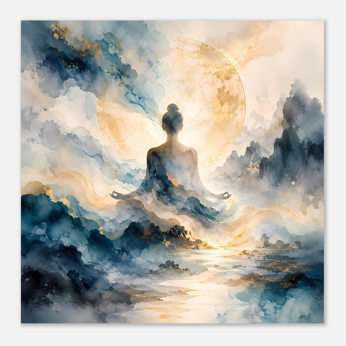 Zen-Poster: Silhouette im Meditationssitz, blau-graue Wolken, goldener Mondkreis und Lichtspuren