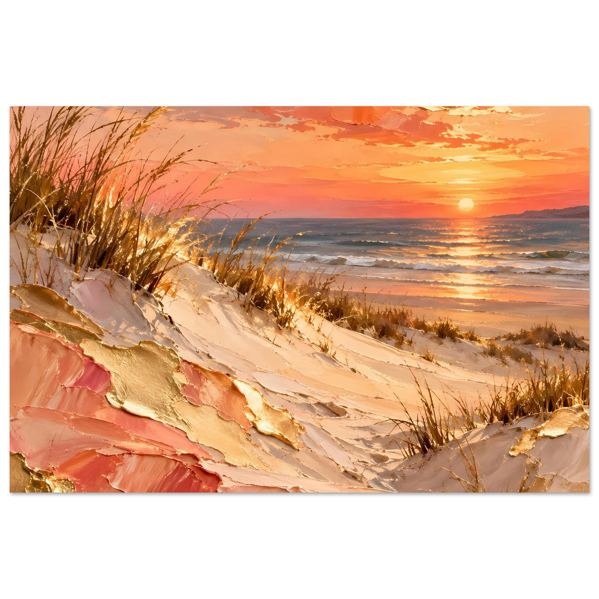 Meerposter im Querformat mit schrägem Dünenhang, Strandgras und warmer Abendsonne