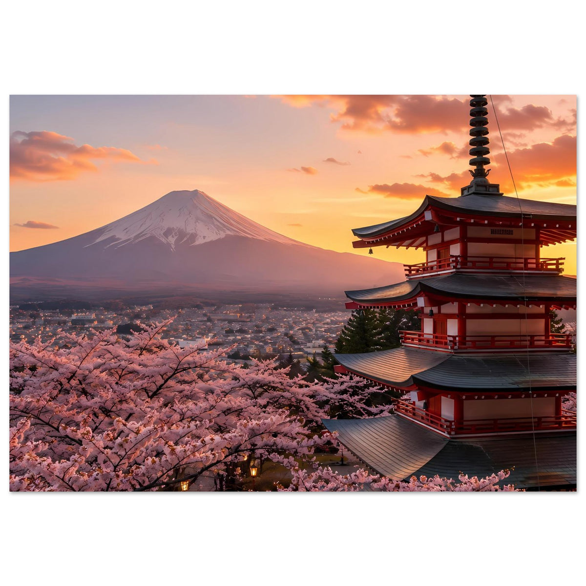 Japanisches Sonnenuntergang-Poster im Querformat mit Kirschblüten, Mount Fuji und rotem Tempel
