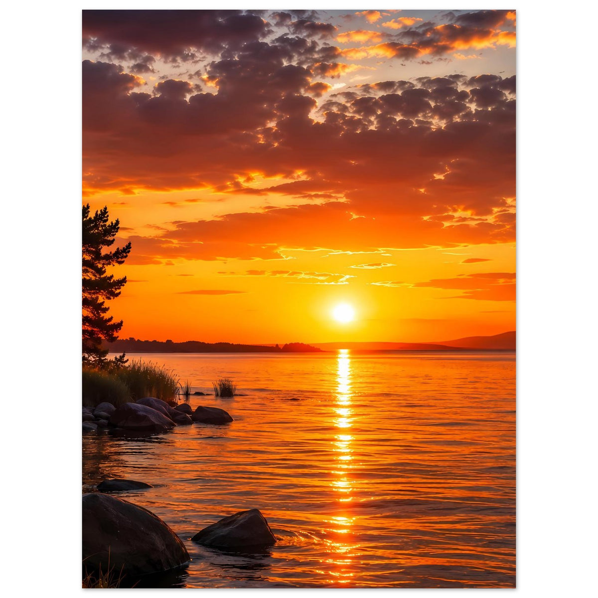 Sunset-Landschaftsposter mit Sonne am Horizont, Wasserreflexen, Steinen und Baum links