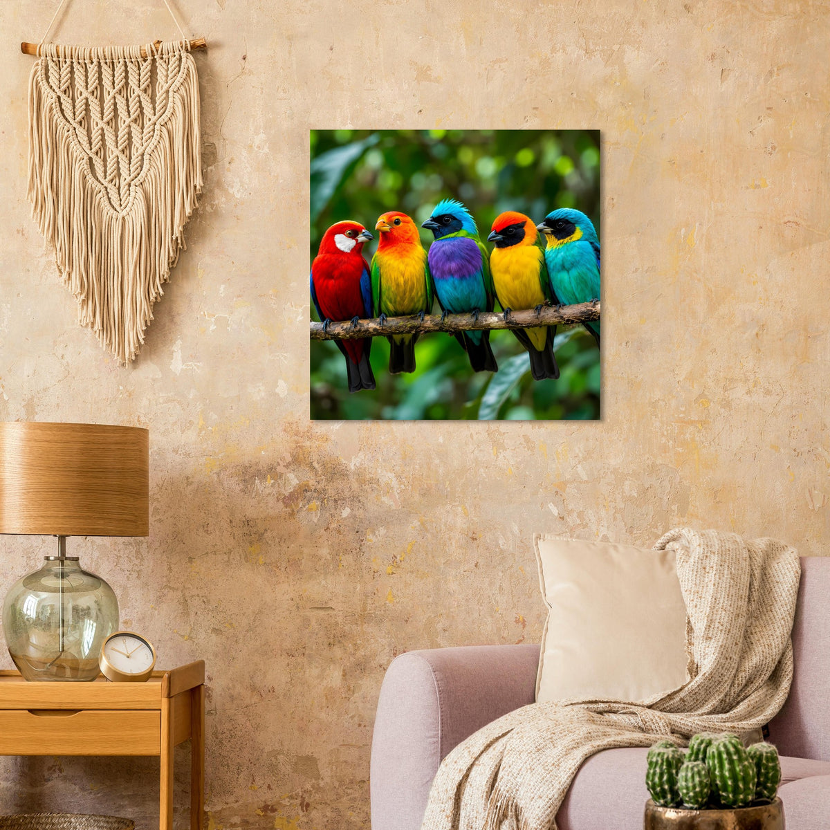 Poster mit sechs farbigen tropischen Vögeln auf einem Ast, leuchtende Farben