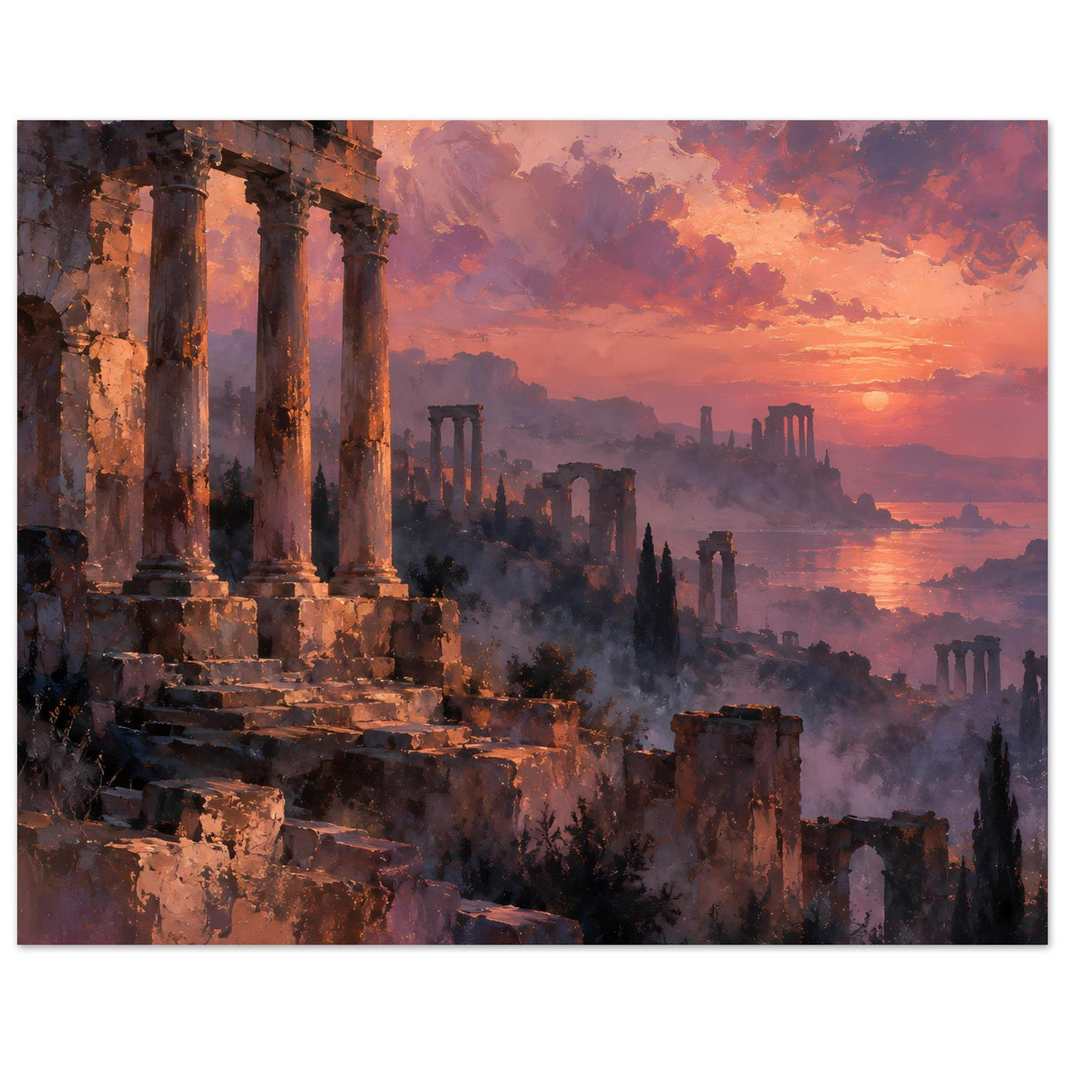Poster mit antiken Ruinen, Sonnenuntergang in Orange und Violett