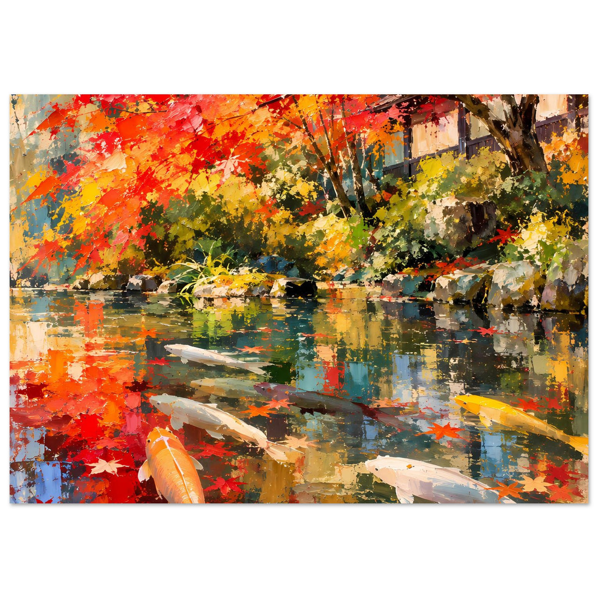 Koi-Teich Poster mit roten und gelben Blättern, Koi-Fische im Vordergrund, breiter Schnitt