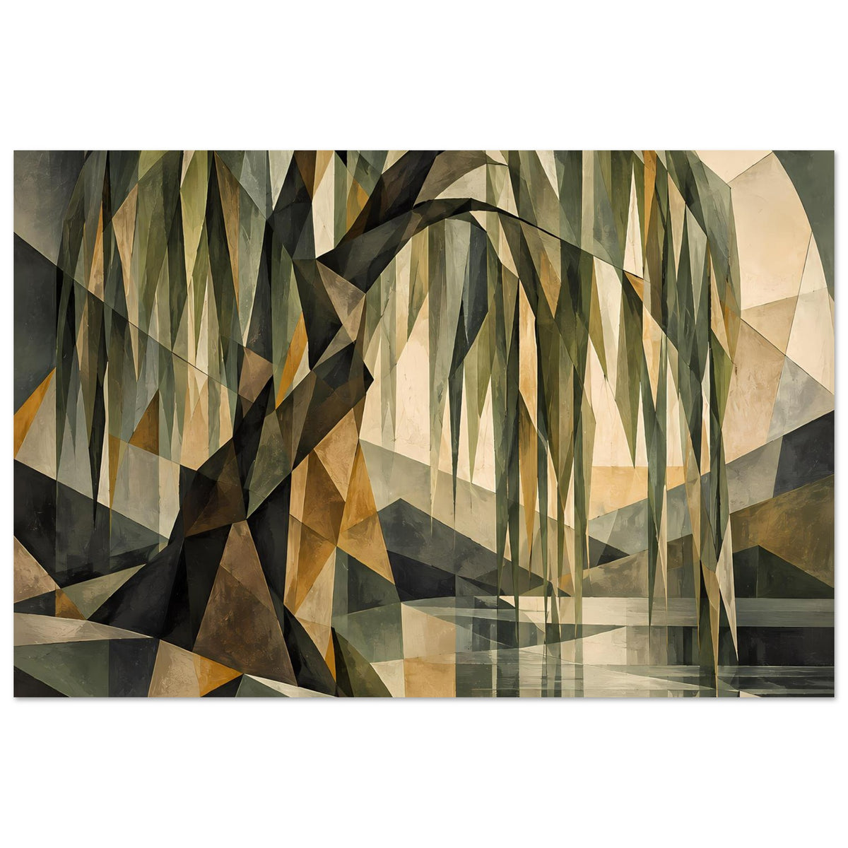 Wandposter mit geometrischem Baum, diagonalen Facetten und Erdtönen im Rahmen