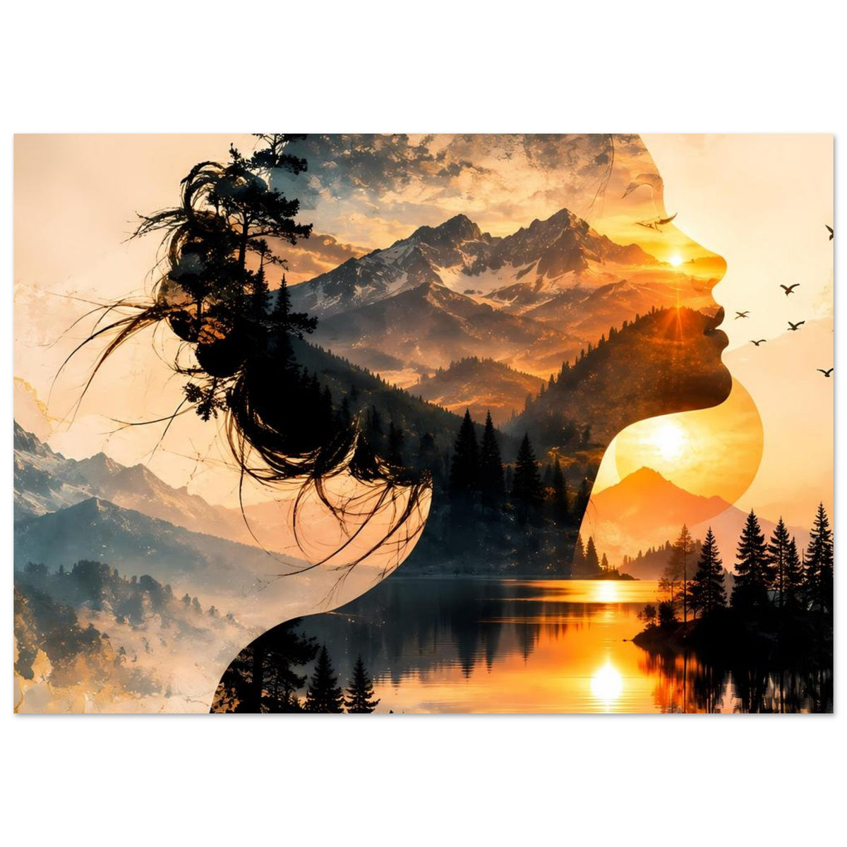 Panoramisches Poster mit Frauensilhouette, Berglandschaft und Sonnenuntergang über ruhigem See