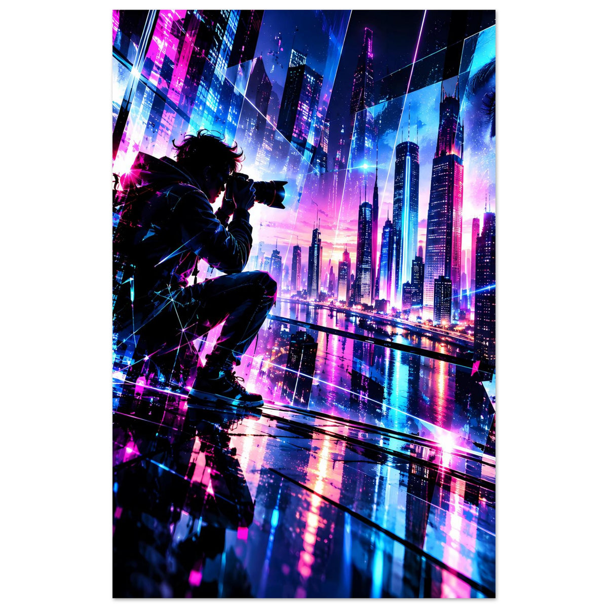 Neon-Cyberpunk-Stadtposter in Hochformat mit Figur-Silhouette und kontrastreicher Skyline
