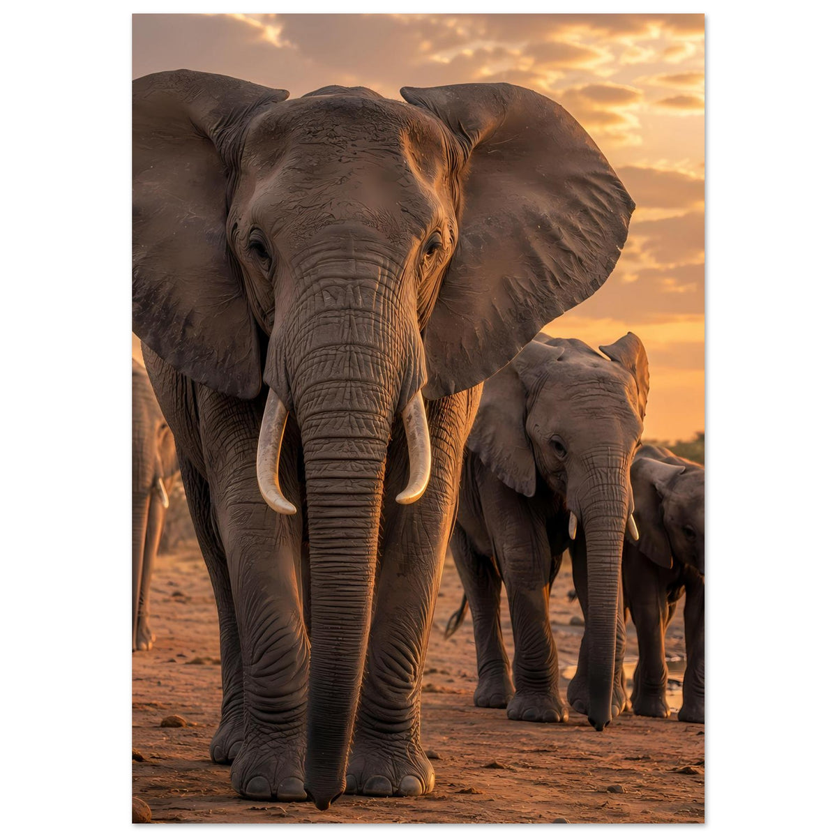 Wandposter mit Elefantenherde: graubrauner Elefant im Vordergrund, mehrere Tiere im Hintergrund.